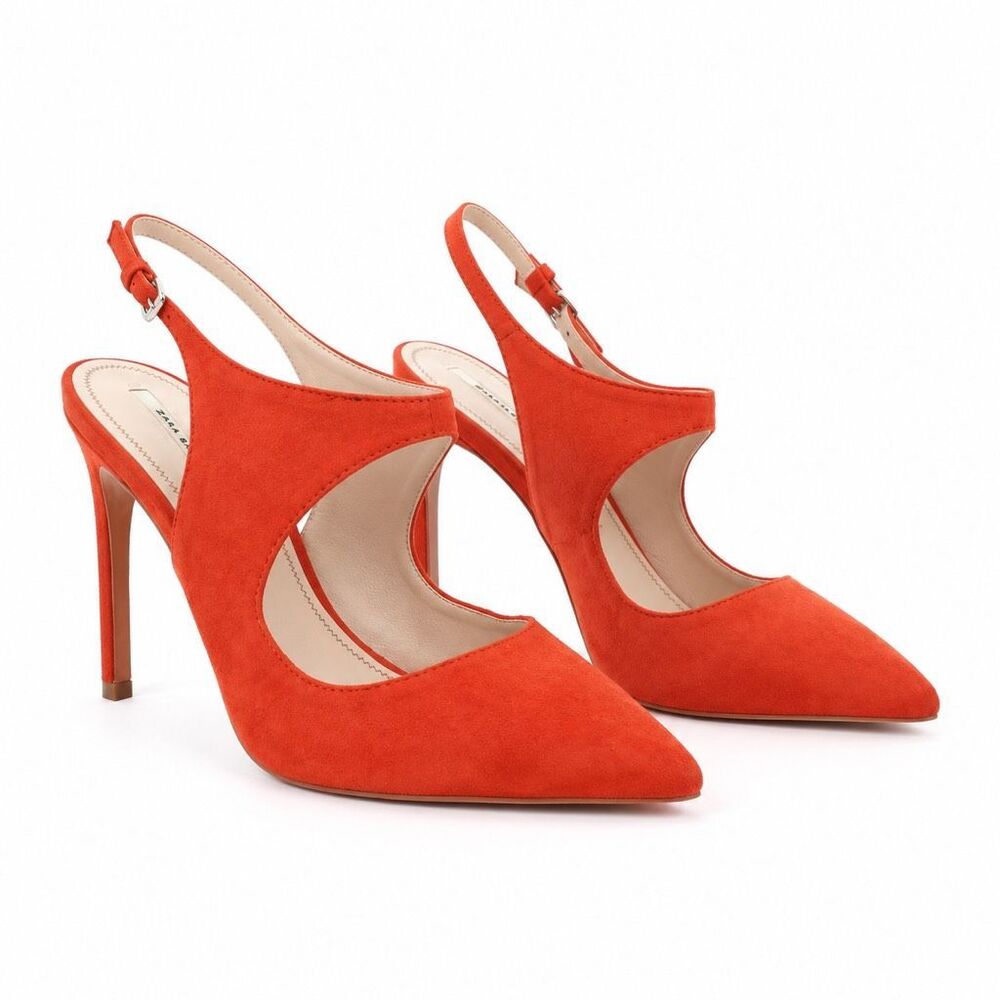Zara Basic Orange Suede Pointed Toe Slingback Heels Size 39